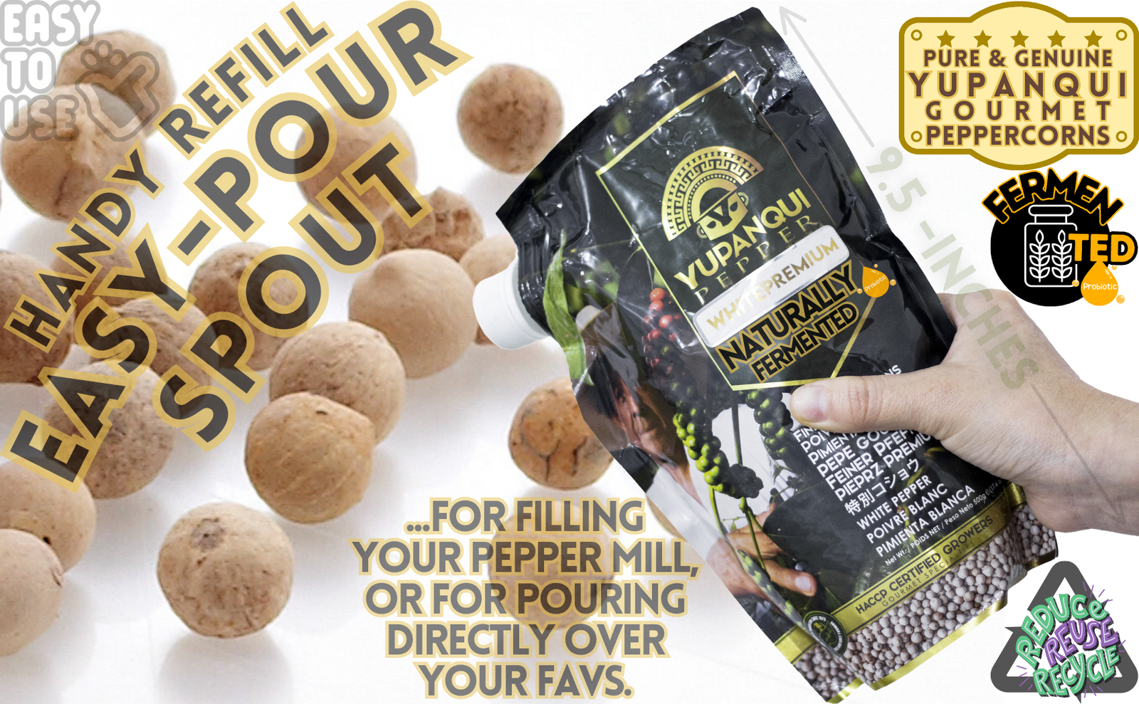 Yupanqui White Premium pouch pouring naturally fermented whole white peppercorns