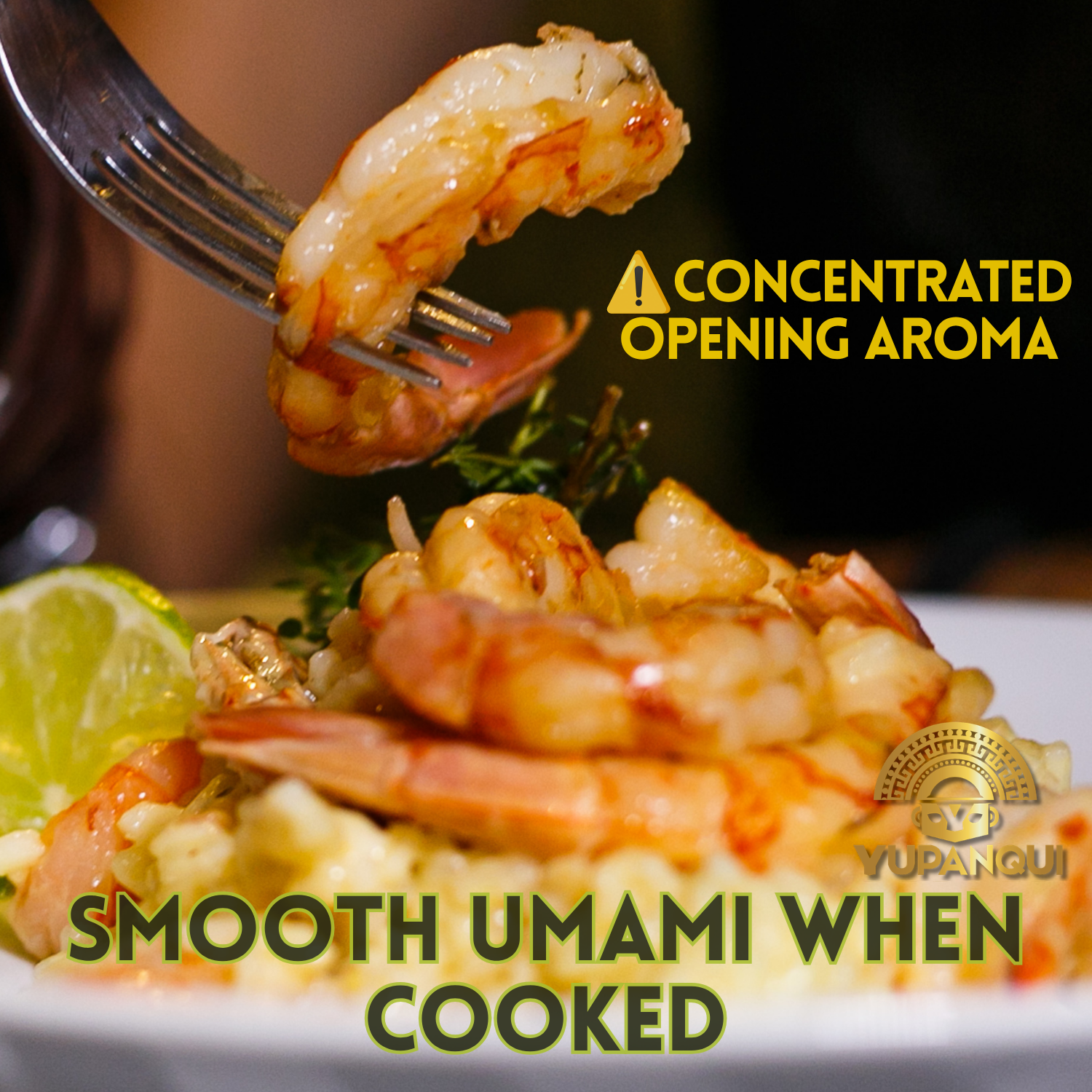 Cooked shrimp showing Yupanqui White Premium concentrated opening aroma and smooth umami when cooked