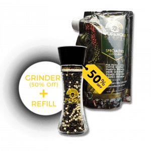 Yupanqui Mignonette grinder and refill duo pack for Cacio e Pepe pasta and Asian cuisine