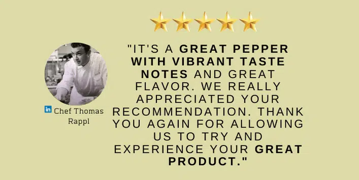 Professional kitchen testimonial featuring Yupanqui Peppercorns.