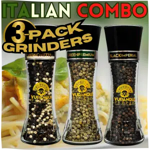 Yupanqui Italian Combo three peppercorn grinder bundle featuring Black Imperial, Green Premium and Mignonette for pasta, risotto, pizza and authentic Italian cuisine.