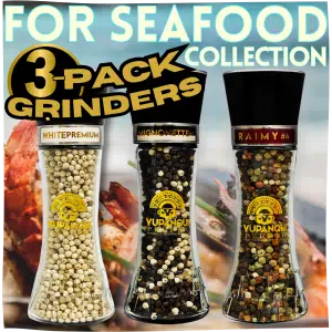 Yupanqui 3 Pack Pepper Mill Collection for seafood with White Premium, Mignonette, Raimy, grilled fish, shrimp, lobster and seafood pasta.