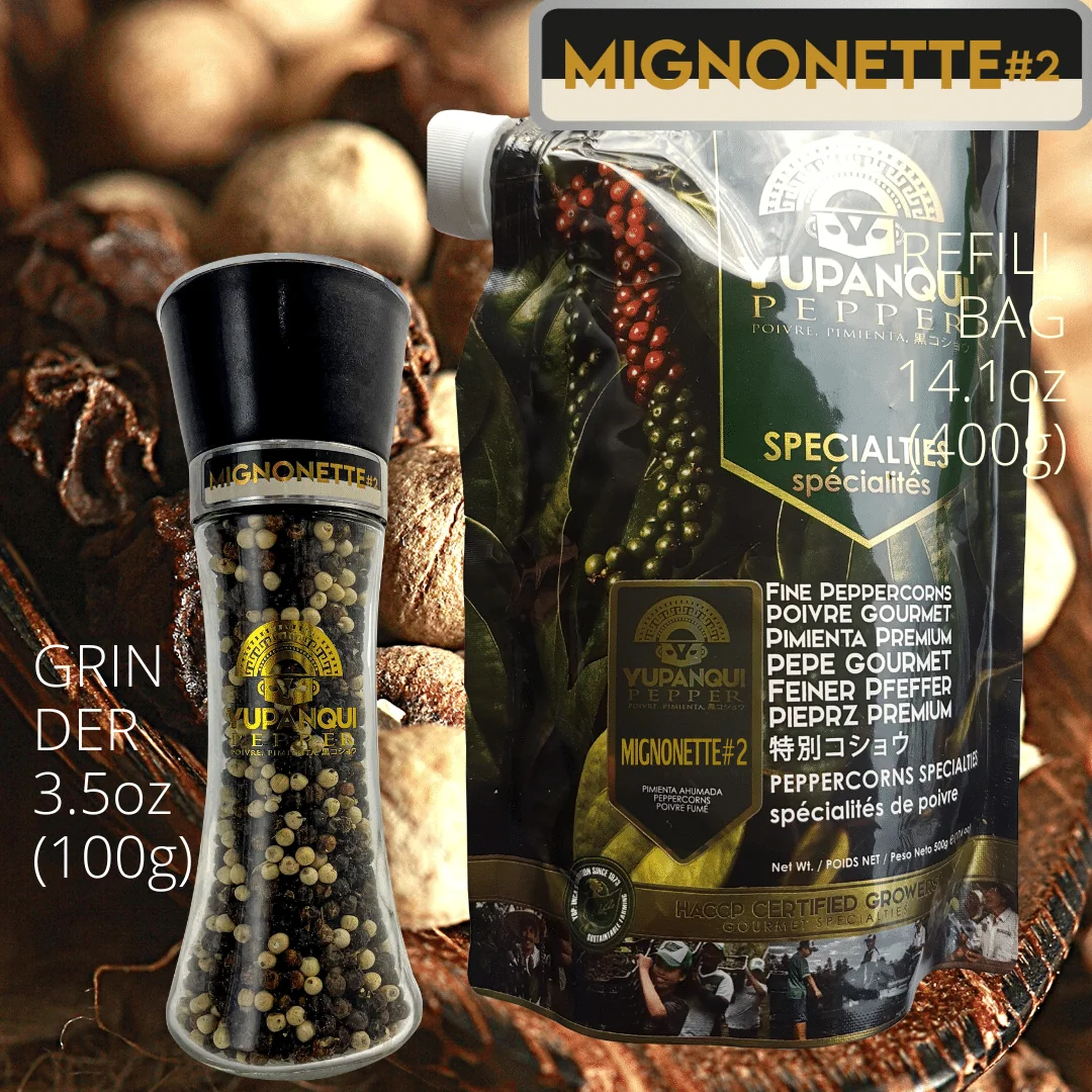 Black and white peppercorn grinder and refill bundle for pasta and Asian cuisine with Yupanqui Mignonette whole peppercorns.