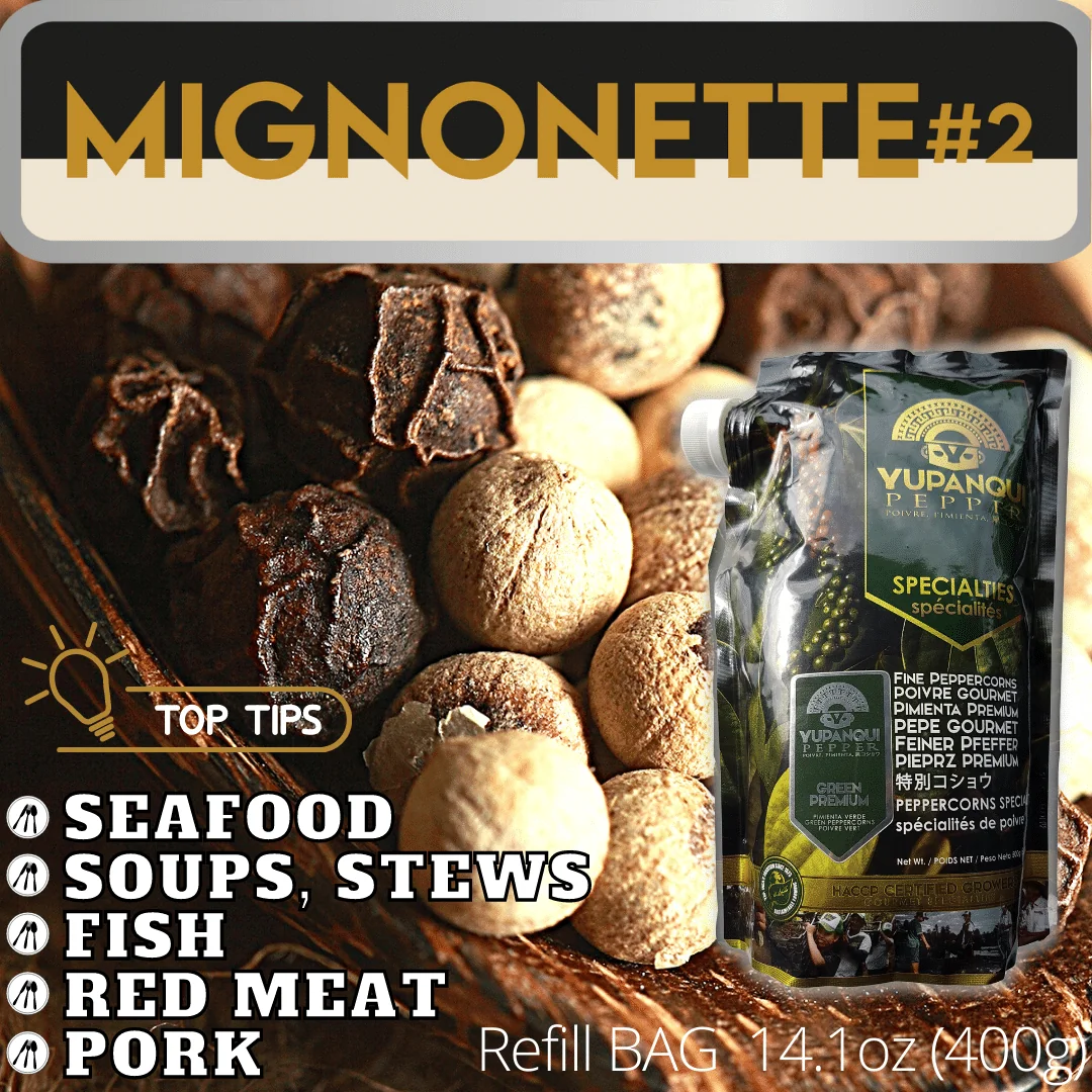 Black and white peppercorn refill bundle for pasta and Asian cuisine with Yupanqui Mignonette whole peppercorns.