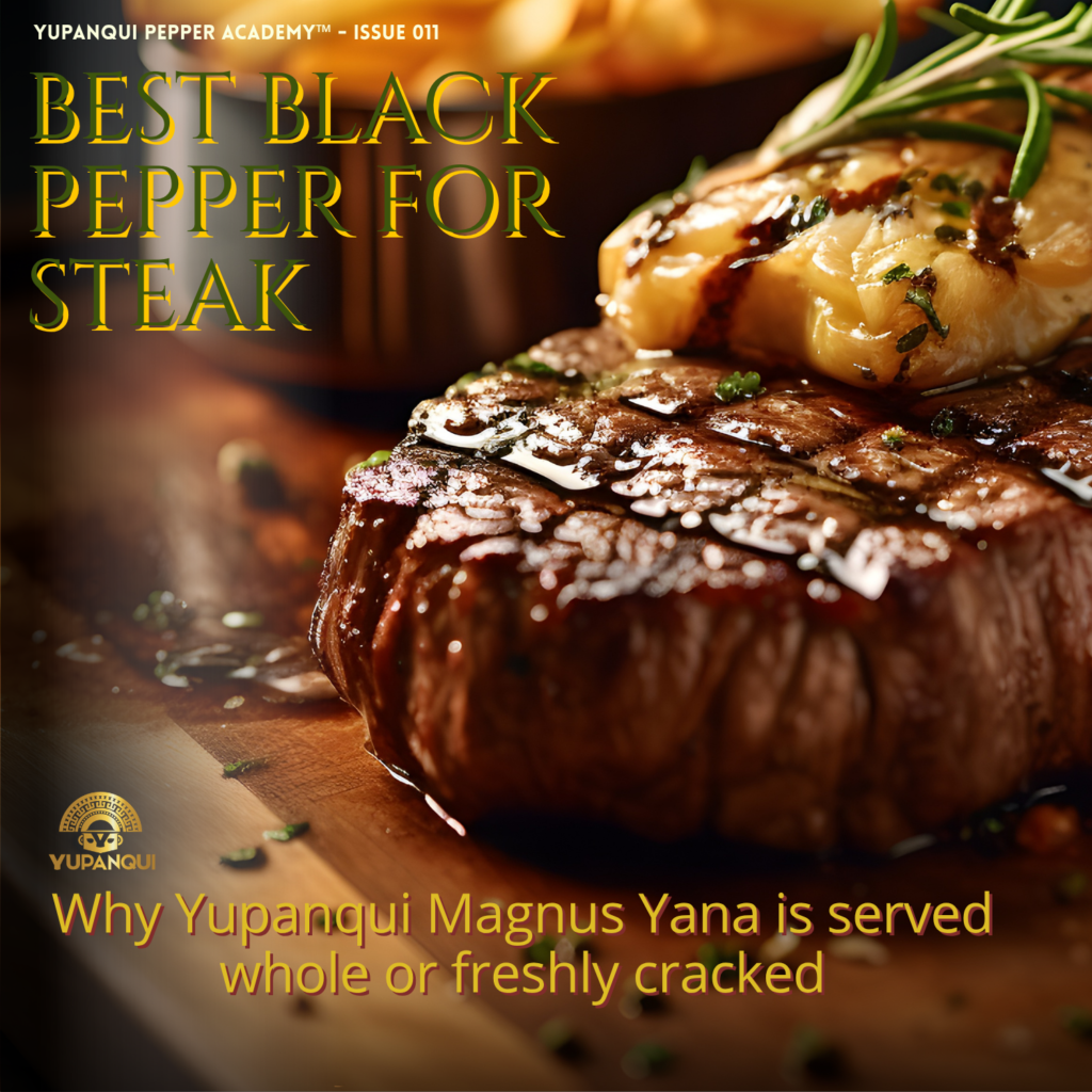 best black pepper for steak | Premium cooked steak illustrating Yupanqui Magnus Yana and Pepper Academy Issue 011.