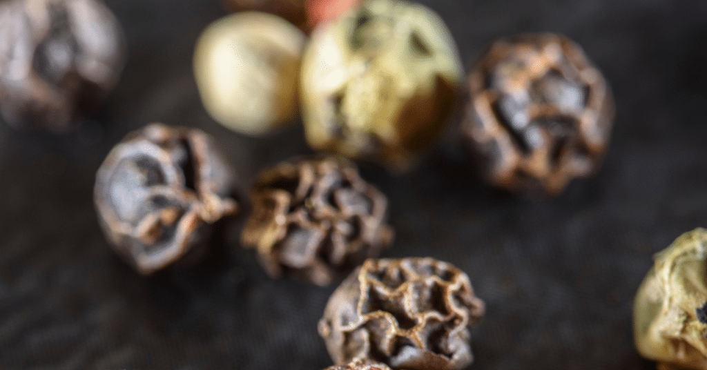 Whole Piper nigrum peppercorns shown close up in different natural color stages